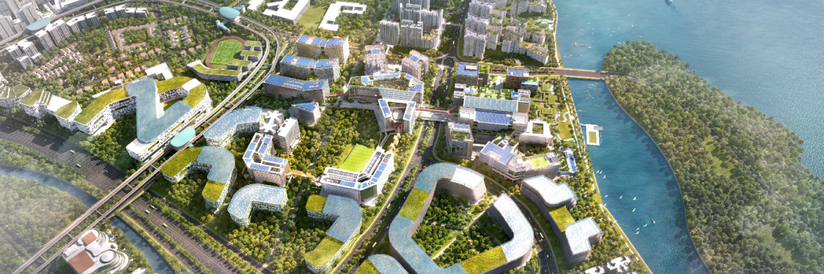 Aerial rendering of a green urban district with solar-paneled buildings, lush vegetation, and a waterfront.
